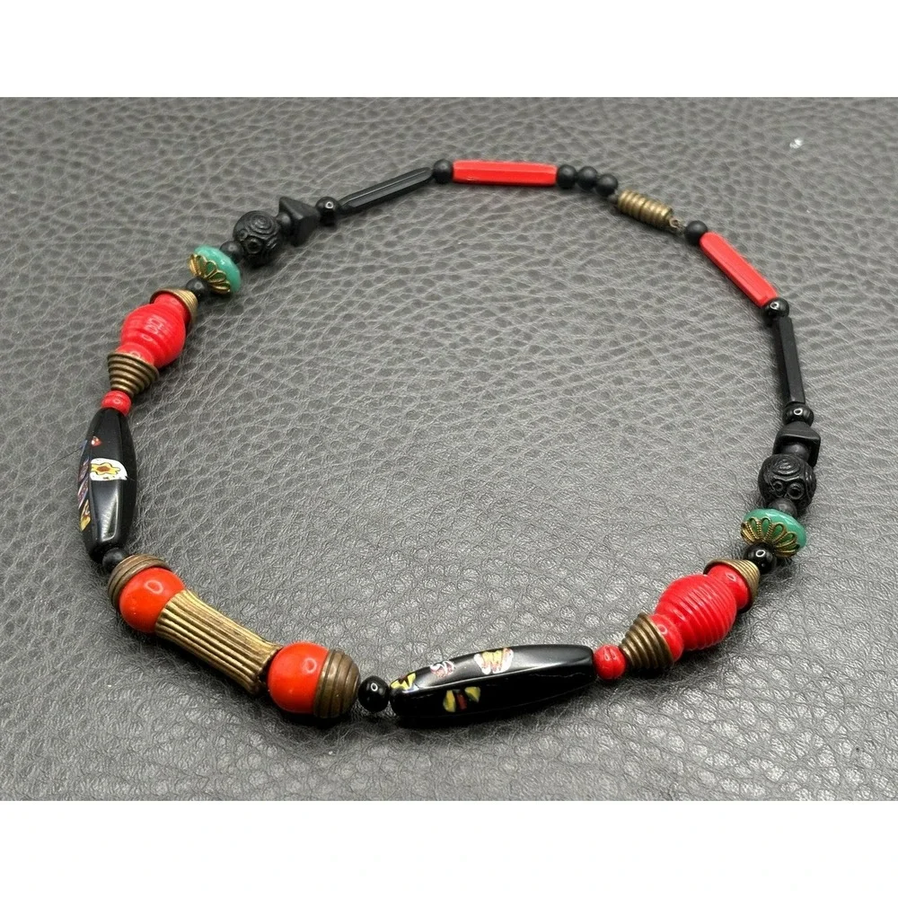VINTAGE Venetian Red Black MURANO GLASS BEADS Art Deco Era Choker NECKLACE Boho